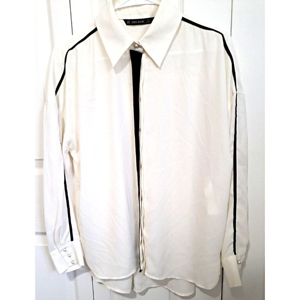 Zara Basic Women's M Cream Long Sleeve Blouse Black Trim Semi-Sheer